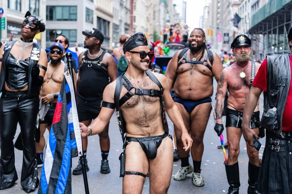 stock image NEW YORK, NY, US - June 25, 2023: Pride march parade 2023 in New York. sadomasochism pride men gay rainbow lgbtq . lgbt and lgbtq parade team. Gay man