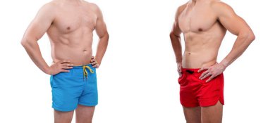 Vücut karşılaştırması için diyet ve spor yapan erkekler, kopyalama alanı. Vücut karşılaştırması için diyet ve spor fotoğrafı. Beyazların izole edilmiş bedenlerini karşılaştırmak için diyet ve spor. vücut karşılaştırması için diyet ve spor