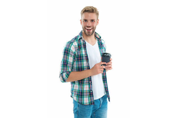 happy caucasian man with coffee in studio. photo of caucasian man with coffee. caucasian man with coffee isolated on white. caucasian man with coffee on background.