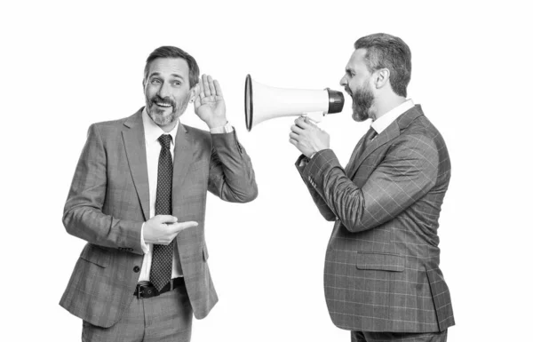 Επιχειρηματίες Αγνοούν Φωνάζοντας Δείχνοντας Στο Μεγάφωνο Δύο Επιχειρηματίες Αγνοούν Τις — Φωτογραφία Αρχείου