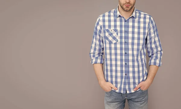 Cropped View Guy Having Stubble Guy Checkered Shirt Isolated Grey — Stock Photo, Image