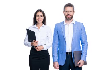 Stüdyoda iş sekreteri ve menajer. İş sekreteri ve resmi giyim müdürü. İşletme sekreteri ve menajerinin fotoğrafı. Beyaz arkaplanda iş sekreteri ve yönetici izole edildi.