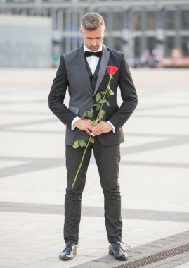 elegant man bridegroom in tuxedo. bridegroom in tuxedo bowtie outdoor. handsome bridegroom with red rose.