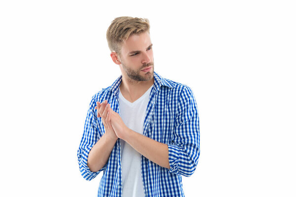 photo of charismatic young man wearing checkered shirt. young man isolated on white. young man on background. young man in studio.
