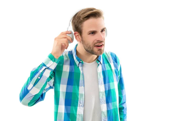 Millennial Man Hört Laute Musik Isoliert Auf Weiß Millennial Man — Stockfoto