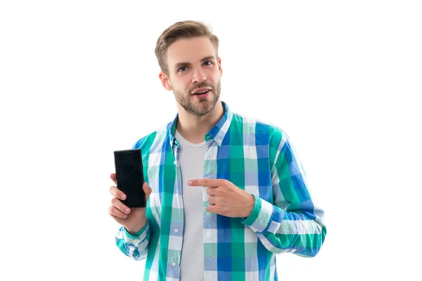 Homem Mostrando Tela Telefone Fundo Apontando Dedo Foto Homem Apresentando — Fotografia de Stock