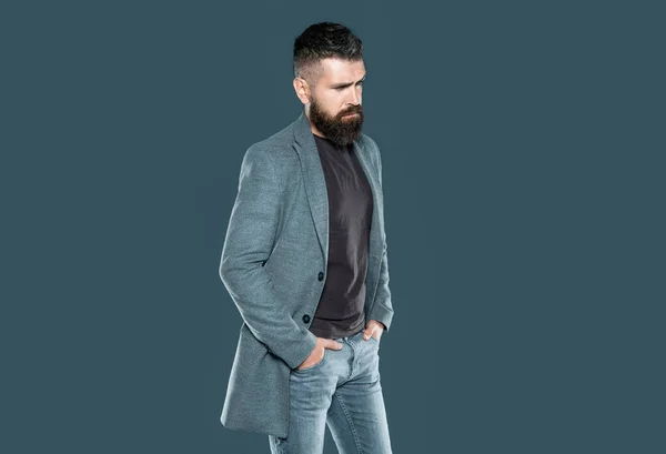 Ambitious Bearded Mature Guy Wear Casual Grey Background — Stock Photo, Image