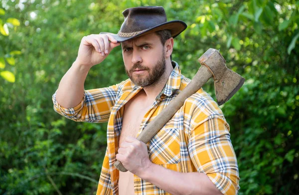 Image Cowboy Axe Cowboy Axe Cowboy Axe Wearing Checkered Shirt — Stock Photo, Image