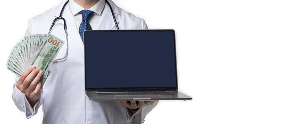 Médico Promovendo Seguro Saúde Linha Isolado Branco Espaço Cópia Médico — Fotografia de Stock