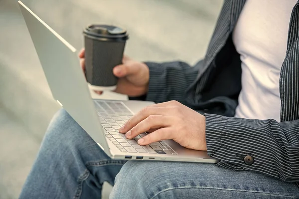 Closeup Freelancer Man Coffee Typing Online Communication Online Man Freelancer — Stock Photo, Image
