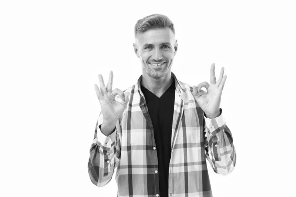 Dojrzały Mężczyzna Kratkę Koszuli Pokazać Gest Zdjęcie Dojrzałego Mężczyzny Grizzled — Zdjęcie stockowe