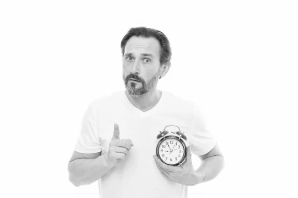 Confused Man Alarm Clock Isolated White Man Alarm Clock Studio — Φωτογραφία Αρχείου
