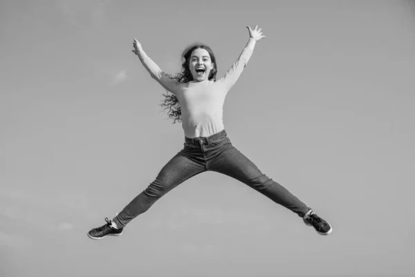 Happy Teen Girl Jump High Sky Background Happiness — Foto Stock
