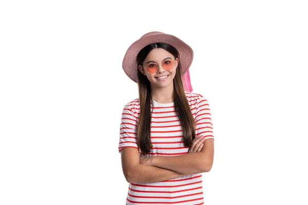 stock image photo of summer stylish glad teenager girl wearing striped tshirt. summer stylish teenager girl isolated on white. summer stylish teenager girl on background. summer stylish teenager girl in studio.