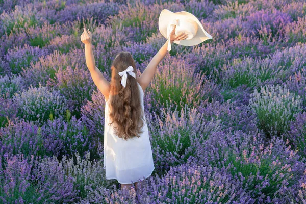 Freies Mädchen Lavendelfeld Das Freiheit Und Natur Genießt Sommermädchen Mit — Stockfoto