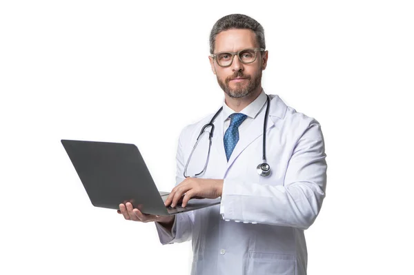 Médico Apresentando Emedicina Fundo Imagem Emedicina Médico Homem Com Laptop — Fotografia de Stock