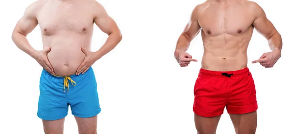 在演播室 广告中男人的身体比较前后 用身体比较前后的修剪过的男人 身体比较前后的照片 身体比较前后 — 图库照片