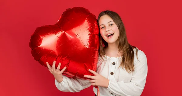 Happy Kid Hold Love Heart Balloon Red Background — Stock Photo, Image