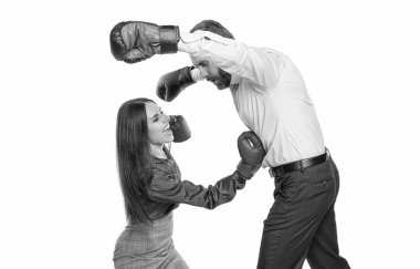 angry businesspeople rivalry isolated on white. businesspeople rivalry in studio. businesspeople rivalry on background. photo of businesspeople rivalry wear boxing gloves.