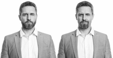 Stüdyodan önce ve sonra adamın sakal kolajının fotoğrafları. Adam arka planda önce ve sonra sakal kolajı ile yüzleşiyor. Önce ve sonra. İnsan, beyazdan önce ve sonra sakallı kolajla yüzleşir..