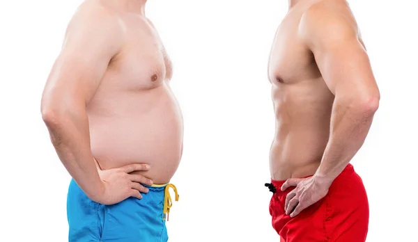 肥胖前的形象与苗条身材相比较 一个又一个瘦小的男人比另一个白种人胖 比在演播室里的男人瘦的多 苗条身材的男人比苗条身材的男人多一些 — 图库照片