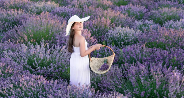 Positive Teen Girl Lavender Holding Flower Bouquet Dress Walking Lavender — Stock Photo, Image