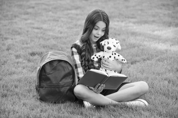 Teenagermädchen Lesen Buch Hundespielzeug Auf Gras Sitzend Zurück Die Schule — Stockfoto