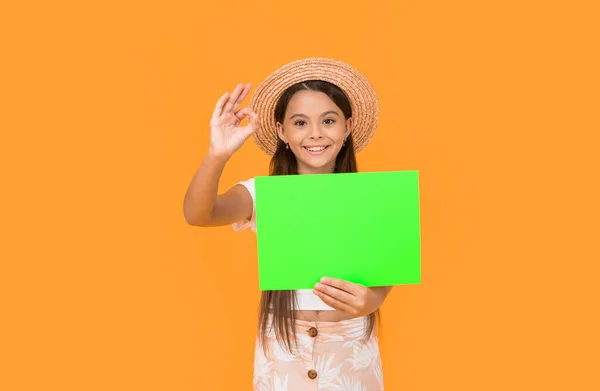 Happy Teen Girl Copy Space Green Paper Yellow Background — Foto de Stock