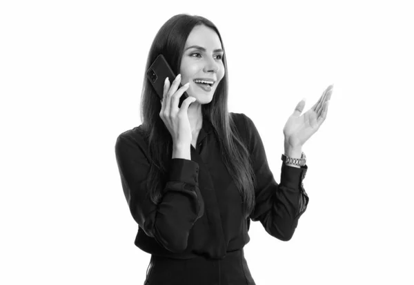 stock image Happy professional business woman businesswoman director talking on business mobile phone using mobile technology for business communication studio isolated on white.