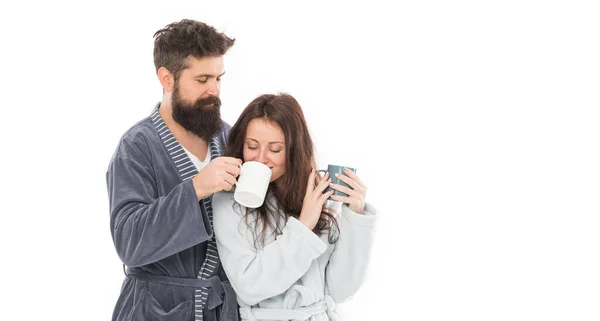 Wife Husband Bathrobes Hold Tea Mug Coffee Cup Caffeine Power —  Fotos de Stock