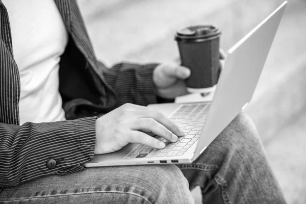 Closeup Freelancer Man Coffee Typing Online Communication Online Man Freelancer — Stock Photo, Image