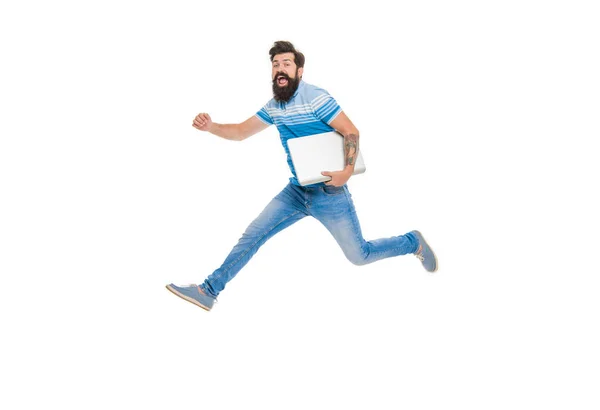 Energetic Student Midair Isolated White Happy Student Jumping Laptop Bearded — Stockfoto