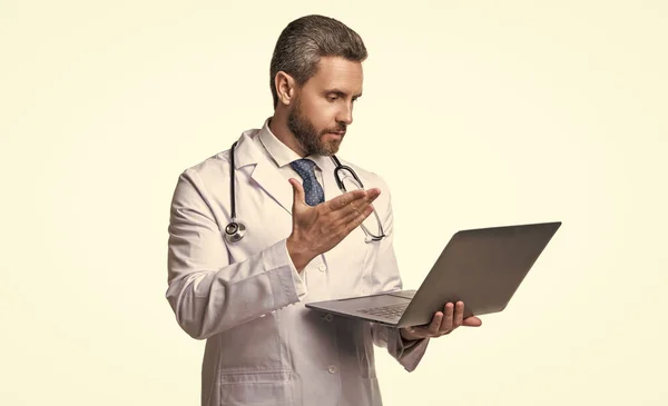 Doctor Presenting Ehealth Background Photo Ehealth Doctor Man Laptop Doctor — Stock Photo, Image