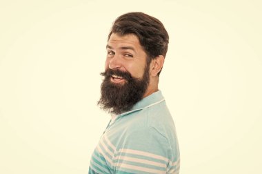 Portrait of bearded guy. Unshaven guy with smiling face. Happy guy with beard and mustache isolated on white.