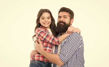 The first true love a girl has is her dad. Happy dad and adorable little daughter hugging and smiling. Bearded dad and small girl child wearing casual hipster style fashion. My dad is my love.