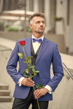 Smokinli yakışıklı adam. Smokin giymiş, papyonlu bir adam. Kırmızı güllü yakışıklı smokinli adam..