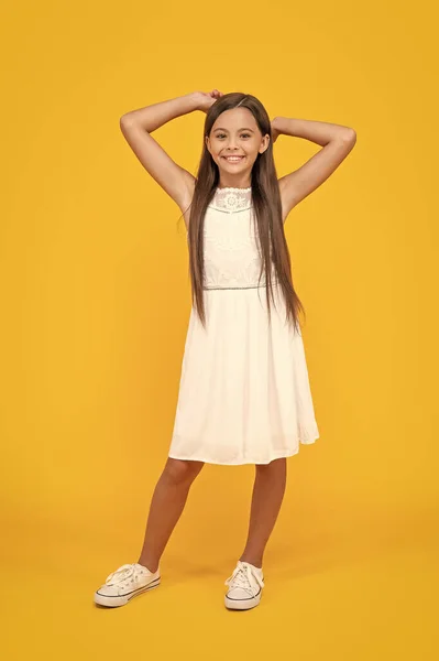 Cheerful Teen Child White Dress Standing Yellow Background — Stock Photo, Image