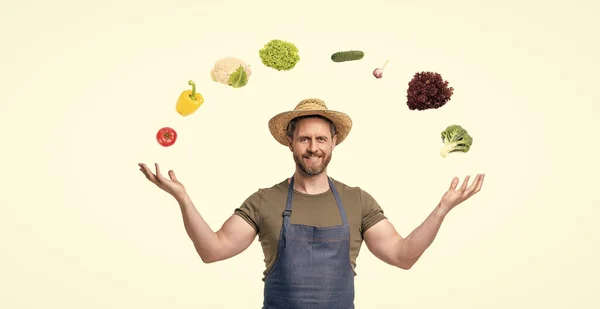 Cheerful Man Straw Hat Apron Colorful Vegetables Isolated White Background — стоковое фото