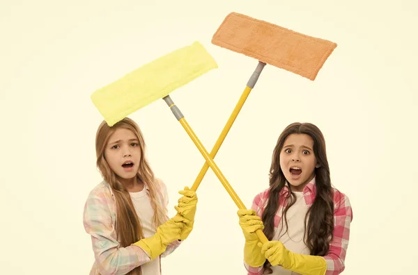 Tired Using Mop Emotional Little Mop Cleaners Angry Children Crossing — Foto de Stock