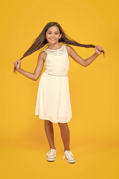 Cute Teen Girl Long Hair Standing Yellow Background — Stock Photo, Image