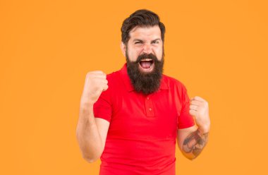 Kızgın bağıran erkek portresi. Sakallı, olgun bir hippi. Bıyıklı, vahşi beyaz adam. Sarı arka planda kendine güvenen ve yakışıklı sakallı bir adam. saç ve sakal bakımı.