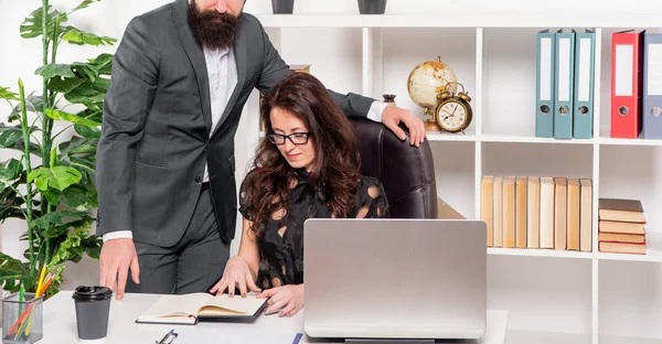Man Suit Crop View Stand Serious Career Girl Working Office — Stockfoto