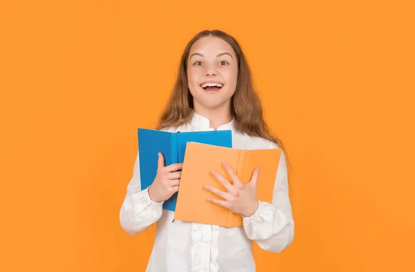 Happy Teen Girl Hold School Workbook Yellow Background School — ストック写真