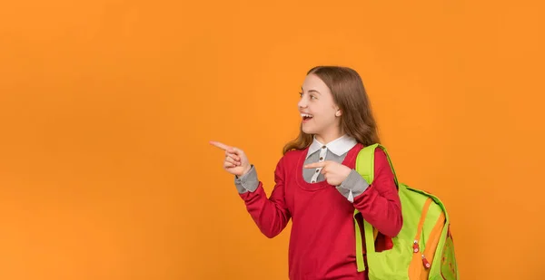 Happy Kid Pointing Finger Yellow Background September Happy Childhood Child — Foto de Stock
