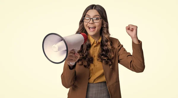 Shouting Teen Girl Announcer Background Photo Teen Girl Announcer Megaphone — Stock Photo, Image