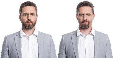 Stüdyodan önce ve sonra adamın sakal kolajının fotoğrafları. Adam arka planda önce ve sonra sakal kolajı ile yüzleşiyor. Önce ve sonra. İnsan, beyazdan önce ve sonra sakallı kolajla yüzleşir..