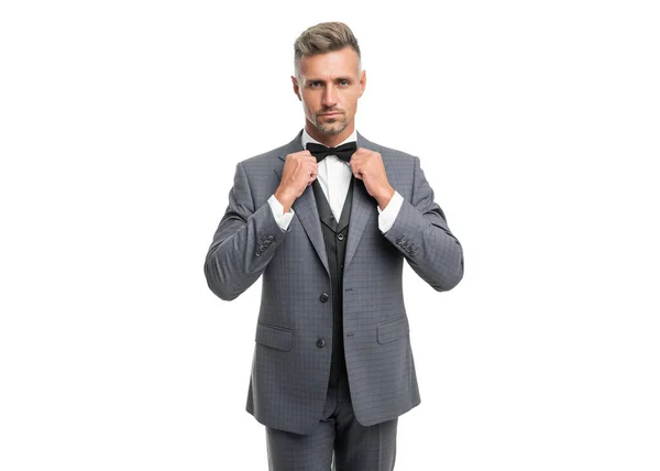 Grizzled Man Blue Suit Bow Tie Businessman Isolated White Boss — Stock Photo, Image
