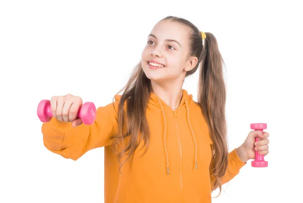 Šťastný Silný Dospívající Dívka Výcvik Barbells Izolovaný Bílý Dětství — Stock fotografie