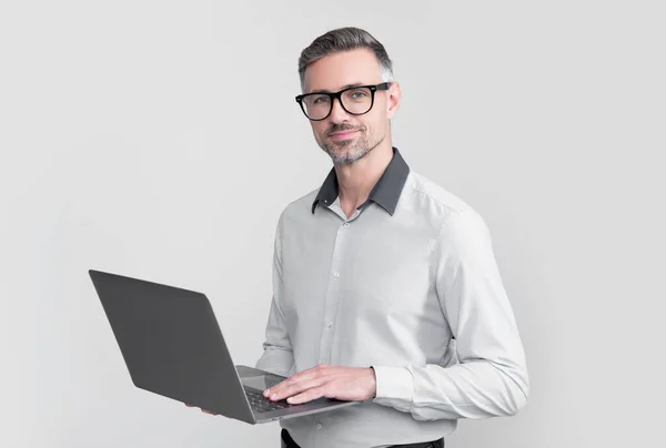 Mature Boss Eyeglasses Working Computer Grey Background — Stock fotografie