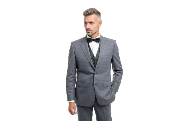 Grizzled Man Bow Tie Blue Suit Businessman Isolated White Gentleman — Stockfoto